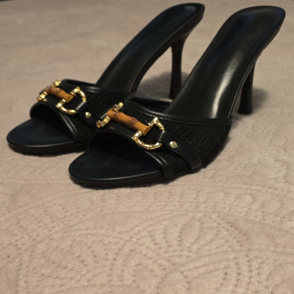 SHEIN Black Heeled Mules with Gold and Brown Detail